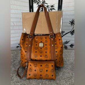 MCM Cognac Visetos Signature Tote Bag with Pouch